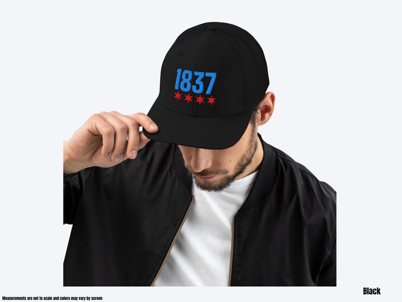 May include: A black baseball cap with the number "1837" embroidered in blue and five red stars below it.