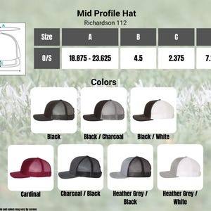 May include: A chart showing the measurements of a mid profile hat, with a size chart and a color chart showing different color options for the hat. The hat is available in black, black/charcoal, black/white, cardinal, charcoal/black, heather grey/black, and heather grey/white.