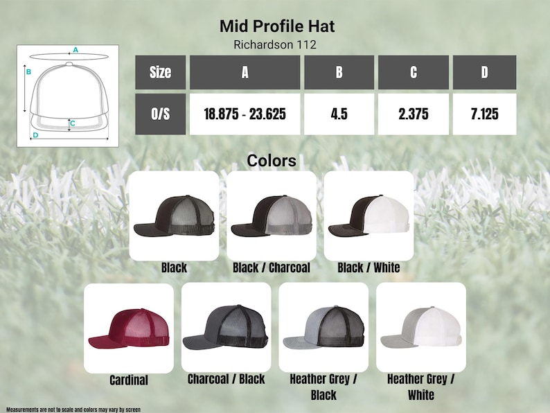 May include: A chart showing the measurements of a mid profile hat, with a size chart and a color chart showing different color options for the hat. The hat is available in black, black/charcoal, black/white, cardinal, charcoal/black, heather grey/black, and heather grey/white.