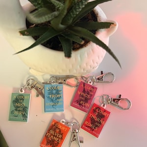 May include: Miniature book keyrings with silver clasps. The keyrings feature book covers with titles such as "A Court of Frost and Starlight" and "A Court of Wings and Ruin" by Sarah J. Maas. A potted succulent plant is in the background.