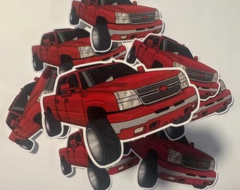 Puede incluir: Una colección de pegatinas de camiones rojas. Cada pegatina presenta una ilustración detallada de una camioneta elevada con neumáticos grandes y una parrilla cromada. Las pegatinas están dispuestas sobre un fondo blanco.