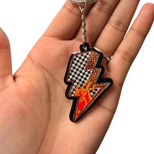 Checkered Flag Lightning Bolt Keychain | Racing Car Charm | Leopard Print Flame Keychain | Motorsport Gift | Acrylic Bag Charm