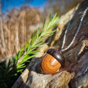 Puede incluir: Un collar con un colgante de madera en forma de bellota, la parte superior es de color marrón oscuro y la inferior de color marrón claro. El collar está en una cadena de plata y está apoyado sobre una pieza de madera.