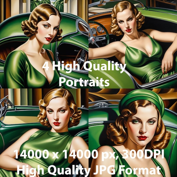 4 Colorful Portraits of a Woman in the Style of Tamara De Lempicka Clipart Wall Art Print Abstract Poster Home Decor Painting AI Art Art