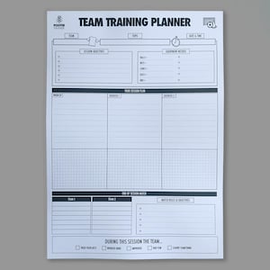 May include: A black and white printable team training planner with sections for team, topic, date and time, session objectives, equipment needed, warm up, exercises 1 and 2, end of session match, match rules and objectives, and a section to rate the team's performance.