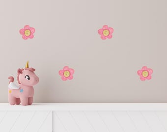 Pink Daisy Flower Fabric Wall Decals - Removable Wall Stickers, Cottagecore Nursery Decor