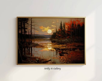 Lakeside Sunset Landscape - Oil Painting Style - Digital Art - Printable Download