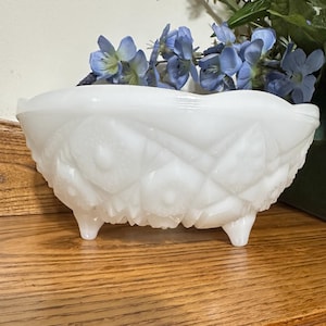 Vintage McKee White Milk Glass Bowl: Toltec Pattern, 3-Footed