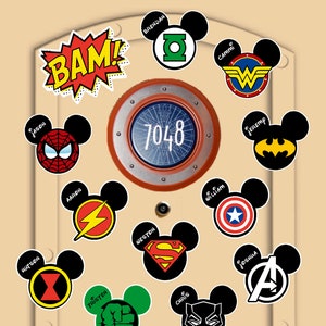 Disney Cruise Door Magnets Superhero Mickey Ears Stick right to your door. Customize your name. Real Die Cut Magnets, Not Laminated Paper