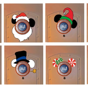 May include: Eight different door peephole covers with various Christmas-themed designs. Each cover features Mickey Mouse ears with a different holiday design, such as Santa hats, elf hats, reindeer antlers, and candy canes. The peephole is visible in each cover and has the number "7048" printed on it.