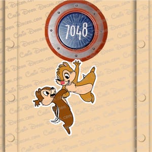 May include: A decorative door sign featuring Chip and Dale cartoon characters. The sign has a porthole design with the number 7048 in the center. The background is a light tan color with vertical lines and the text "Cabin Door Decor" repeated.