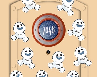 May include: A beige door with a round, red, metal porthole with the number 7048 inside.  There are nine white, round, snowman stickers with different names on each one: Swish, Suede, Slide, Angel, Flake, Fluarp, Fridge, Powder, Crystal, and Squaler.
