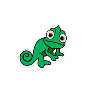 May include: A green cartoon chameleon with large brown eyes and a curled tail. The chameleon is sitting on its hind legs with its front legs outstretched.
