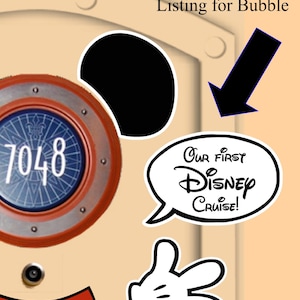 May include: A beige door with a Mickey Mouse head silhouette, a red and silver round door knocker with the number 7048, and a speech bubble that says "Our First Disney Cruise!"