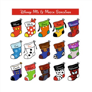 May include: A collection of fifteen illustrated Christmas stockings labeled Disney Mix & Match Stockings. Each stocking features unique colors and patterns inspired by characters including Mickey, Minnie, Goofy, Pluto, Sorcerer, Elsa, Olaf, Woody, Jessie, Buzz, Captain, Grinch, Jack, Cruella, and Spiderman.