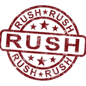 May include: Red rubber stamp with the word "RUSH" in a bold, white font. The stamp is circular and has the word "RUSH" repeated four times around the edge, with a star between each word.