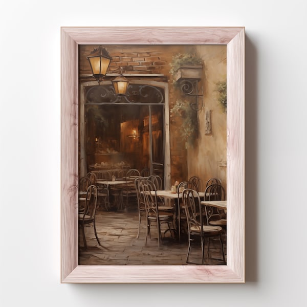 Escena de restaurante italiano vintage / Pintura al óleo de tonos apagados / Descarga digital para decoración del hogar / Paisaje vintage / 155
