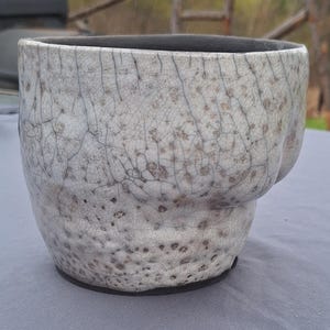 May include: A handcrafted ceramic planter with a unique, textured surface. The off-white glaze features a network of fine cracks and subtle brown speckles, creating a rustic aesthetic. The interior is dark, contrasting with the exterior.