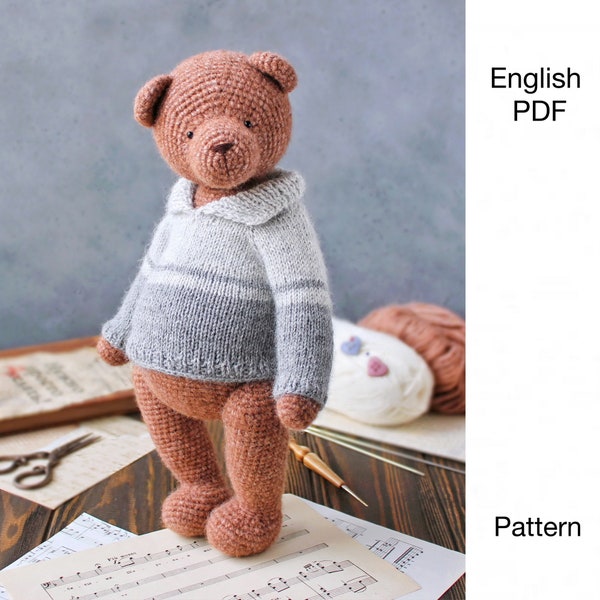 Patrón de crochet osito grande - PDF - Amigurumi osito con suéter - Patrón de crochet DIGITAL - Inglés