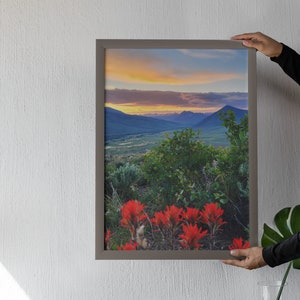 Puede incluir: Una impresión enmarcada de un paisaje de valle de montaña al atardecer. La obra de arte muestra vibrantes flores silvestres rojas en primer plano, con follaje verde y montañas distantes bajo un cielo colorido. El marco es marrón neutro.