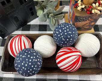 Patriotic Rag Balls Set of 6 | Red, White and Blue Bowl Fillers | Primitive Farmhouse Dough Bowl Decor | Tiered Tray Accessories