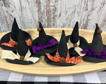 Primitive Witch Hat Bowl Fillers, Handmade Halloween Shelf Sitters, Rustic Farmhouse Witch Decor, Orange Purple Cream Accents