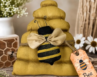 Primitive Beehive Decor w/ Fabric Bee & Hang Tag | Farmhouse Tiered Tray / Bowl Filler | Rustic Spring Summer Beekeep Shelf Sitter