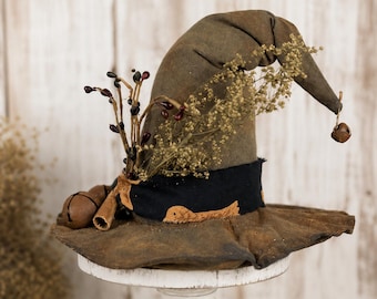Handcrafted Muslin Witch Hat, Grungy Folk Art Halloween Decor