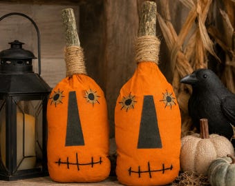 Primitive Bottle Neck Pumpkin Shelf Sitters, Handmade Rustic Jack O Lantern Fall Decor, Farmhouse Halloween Pumpkins