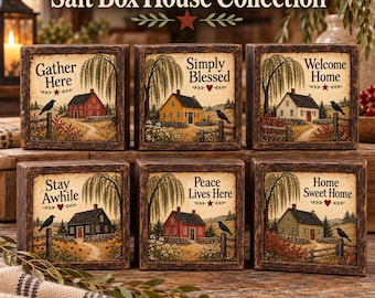 Salt Box House Desk Sitters, Primitive Farmhouse Decor with Willow Trees and Crows