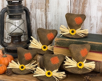 Primitive Scarecrow Hat Bowl Fillers, Handmade Fall Farmhouse Decor, Autumn Tiered Tray Accents, Rustic Shelf Sitter Hats