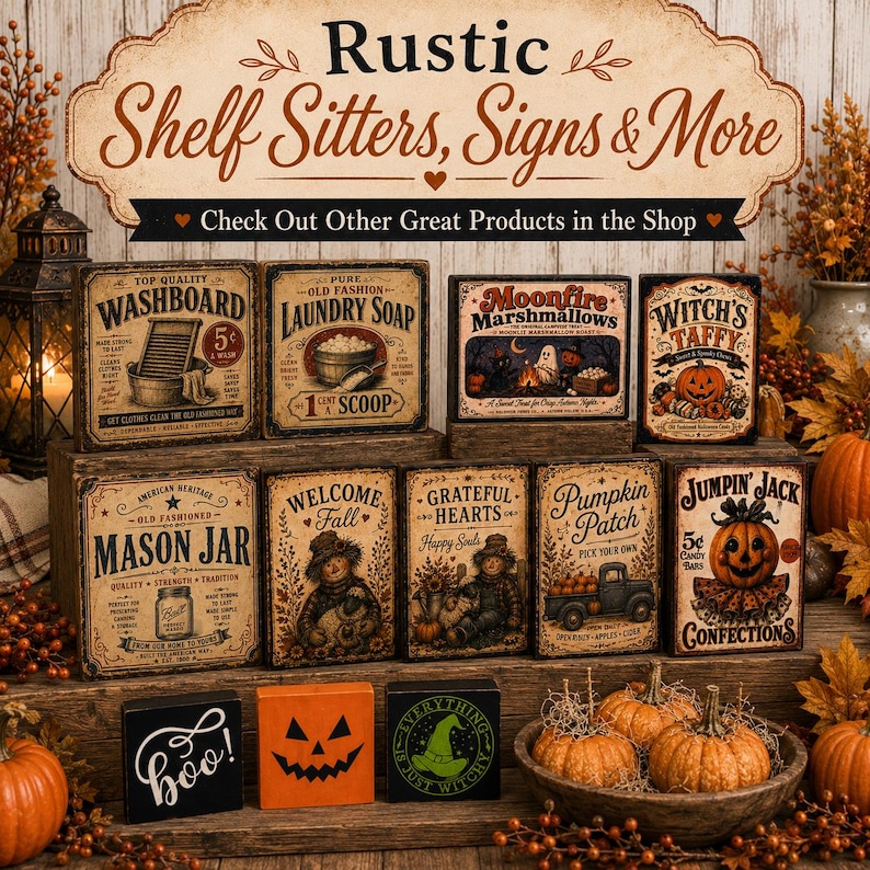 May include: A collection of rectangular wooden signs with vintage-style graphics featuring themes like laundry, pumpkins, and Halloween. The signs display text such as Washboard, Moonfire Marshmallows, Witch's Taffy, Mason Jar, and Jumpin Jack Confections.