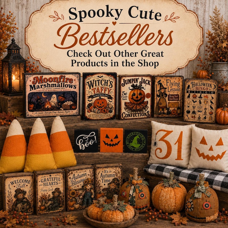 May include: A collection of Halloween-themed decor featuring wooden signs with text like Moonfire Marshmallows, Witch's Taffy, and Halloween Bingo, alongside plush candy corn, decorative pumpkins, and throw pillows with the number 31 and a jack-o'-lantern.