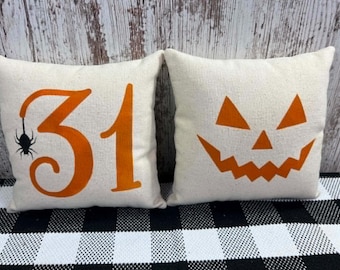 Halloween Pillow Tucks, Hand Stenciled Canvas Mini Pillows, 5x5 Pumpkin