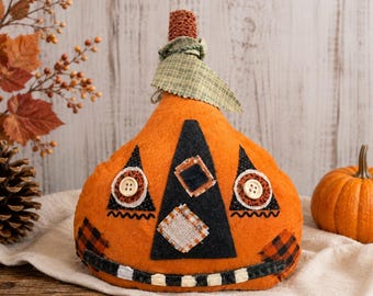 Handmade Halloween Scrappy Jack Pumpkin | Primitive Fabric Jack O Lantern | Rustic Fall Farmhouse Shelf Sitter Decor