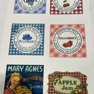 May include: A sheet of vintage-style labels for homemade preserves. The labels feature gingham backgrounds and illustrations of grapes, cherries, blueberries, strawberries, and apples. One label advertises Mary Agnes Louisiana Sweet Potatoes.