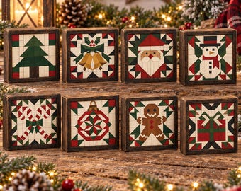 Christmas Quilt Block Desk Sitters, Rustic Quilt Style Holiday Shelf Decor