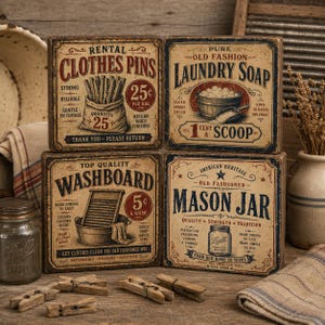 May include: Four square wooden signs with vintage-style typography and illustrations. The signs feature text for Rental Clothes Pins, Pure Old Fashion Laundry Soap, Top Quality Washboard, and American Heritage Old Fashioned Mason Jar.