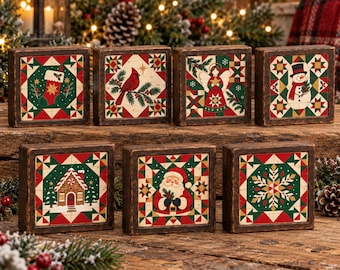 Christmas Wood Block Desk Sitters, Rustic Quilt Style Holiday Shelf Decor