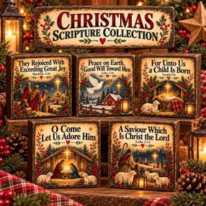 May include: A set of five rectangular wooden signs featuring Christmas Scripture Collection text and religious holiday illustrations. Each sign displays a unique Bible verse, nativity scenes, sheep, and winter landscapes with red berries.