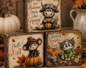 Handmade Primitive Wood Block Sitters: Autumn Animal Designs