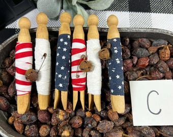Set of 6 Vintage-Inspired Fabric-Wrapped Clothespins – Primitive Decor, Grungy Options Available