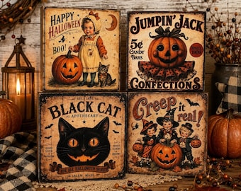 Vintage Halloween Wood Block Desk Sitters