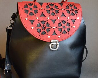 Leather Crossbody Bag, Red Black Leather Bag, Leather Tote Bag with Optional Zipper Pocket Crossbody Strap, Unique ornament shoulder bag