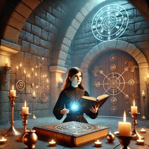 Pode incluir: Uma mulher com um vestido escuro está em uma sala fracamente iluminada com paredes de pedra e uma grande porta de madeira. Ela segura um livro aberto em suas mãos e um orbe brilhante na outra. Há velas na mesa à sua frente e um livro grande com um design circular na capa.
