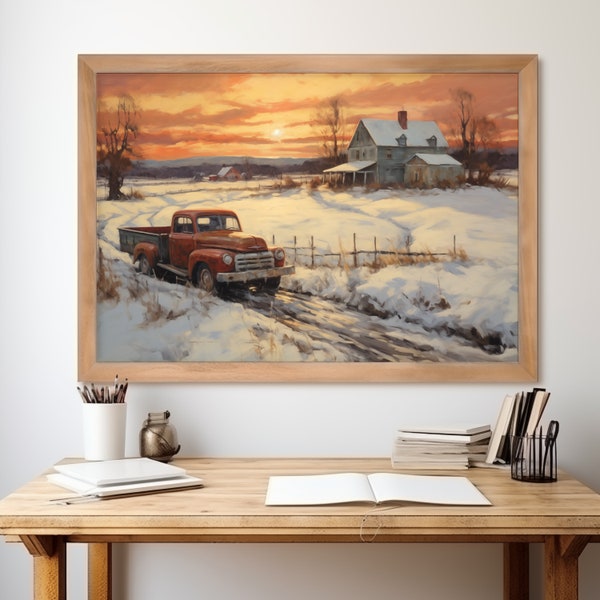 Printable art. Snowy Landscape Wall Art. Vintage farmhouse with a classic truck in the foreground. Done in a rustic brushstroke style.