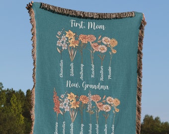 Personalized Mother's Day Gift for Grandma, Woven Throw Blanket, Birth Month Flower, First Mom Now Grandma, Grandkid's Name, Birthday Gift