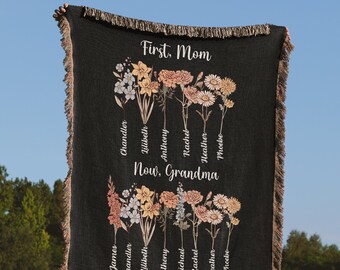 Personalized Birth Month Flower, First Mom Now Grandma Woven Blanket, Mother's Day Gift with Grandkid's Name, Custom Birthday Gift for Mom
