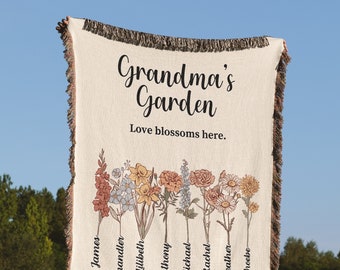 Personalized Grandma's Garden Woven Blanket, Mother's Day Birth Flower Month Keepsake, Custom Gift from Grandkids, Vintage Floral Tapestry