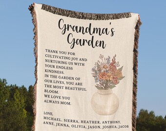 Customizable Family Birth Flower Bouquet Blanket for Grandma, Personalized Grandma's Garden with Grandkids name, Letter to Grandma Blanket